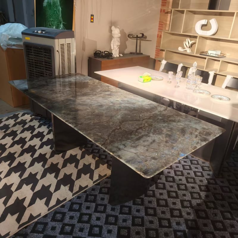 Blue Jade Stone Rectangular Dining Table with Stainless Steel Base