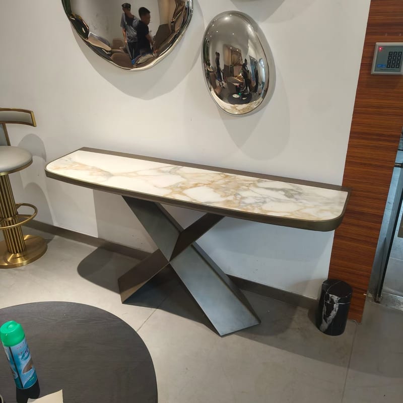 Italian Entryway Console Table & Mirror Set, Brushed Stainless Steel