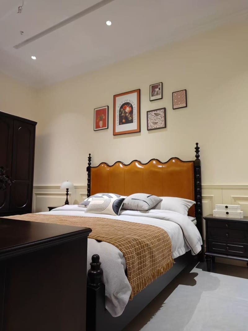 Mid-Century Mahogany Solid Wood Leather Poster Bed