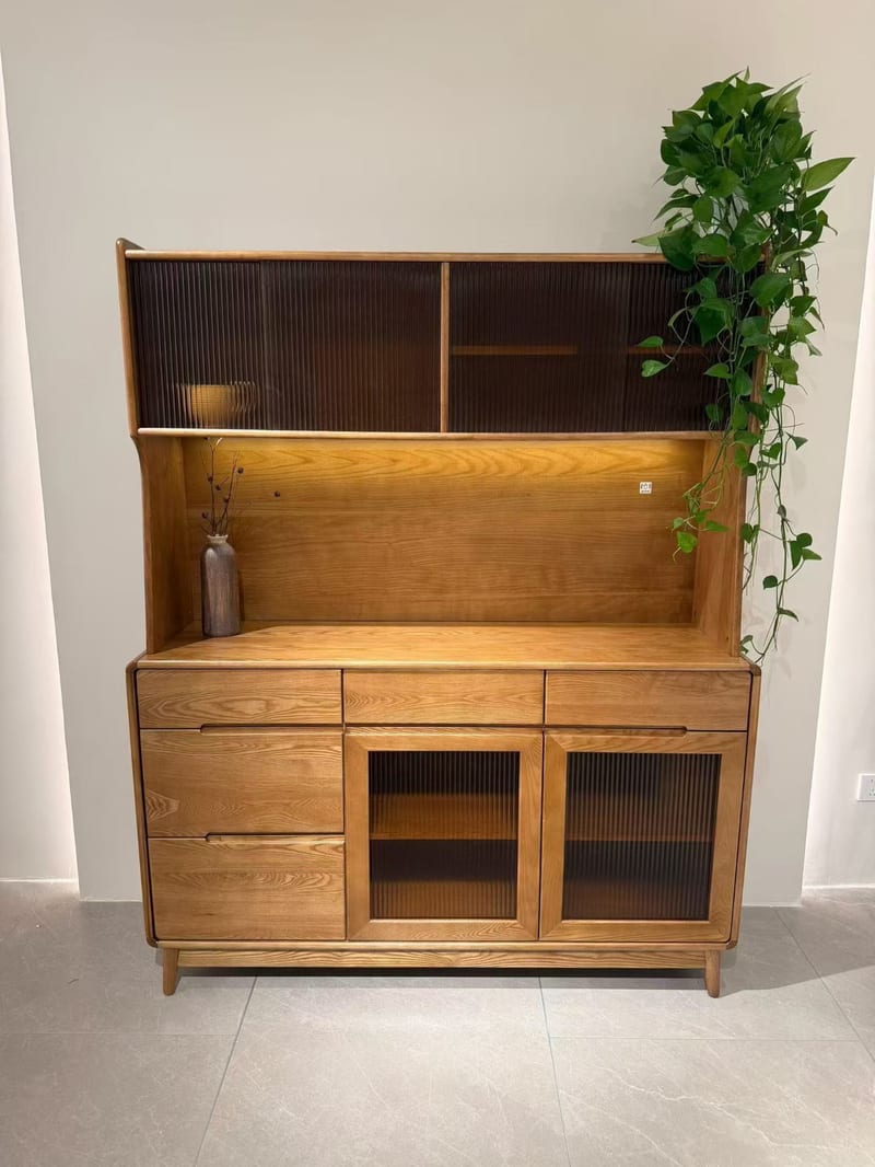 Ash 1957 Solid Wood Sideboard with Fluted Glass