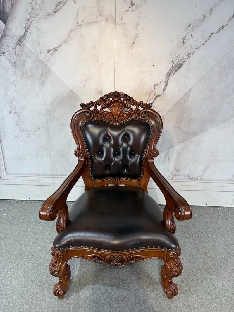 Mahogany Double-Carved Tufted Leather Accent Chair