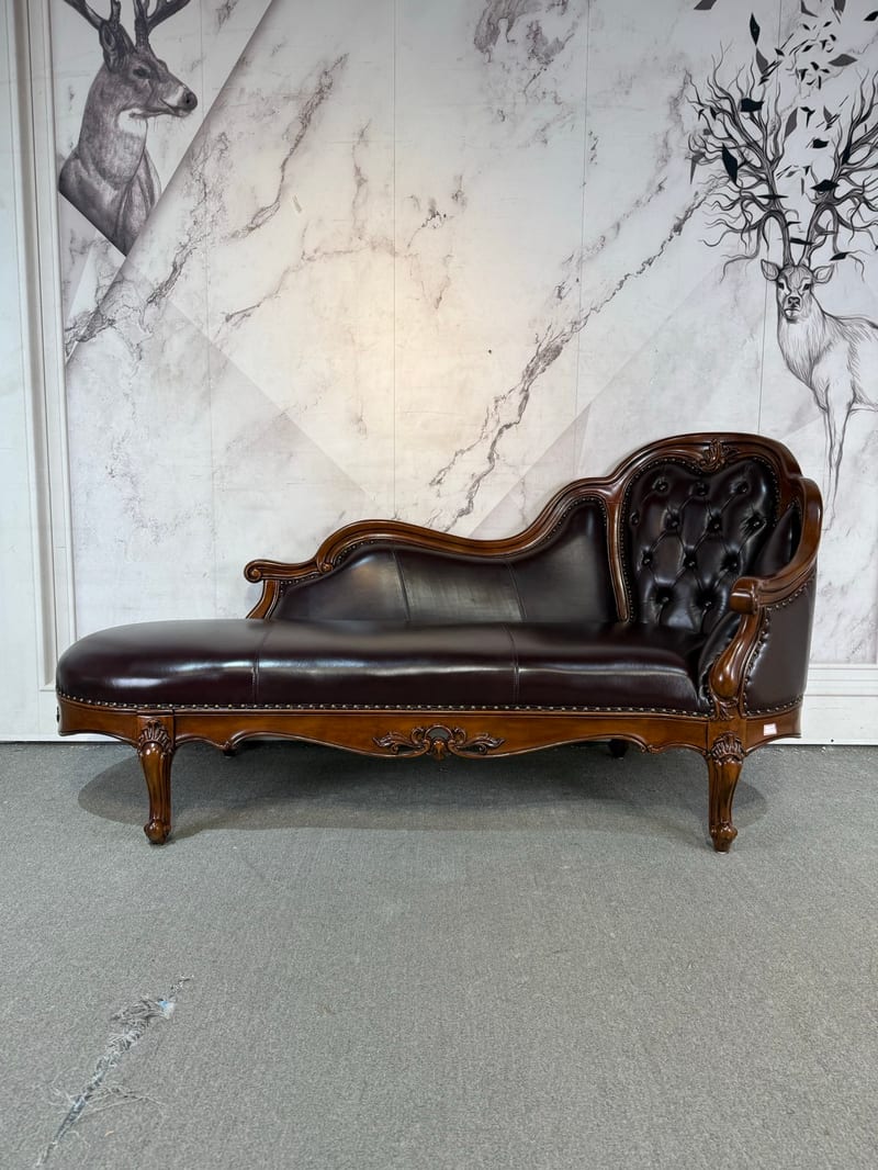 GFY304 French Carved Mahogany Leather Chaise Lounge