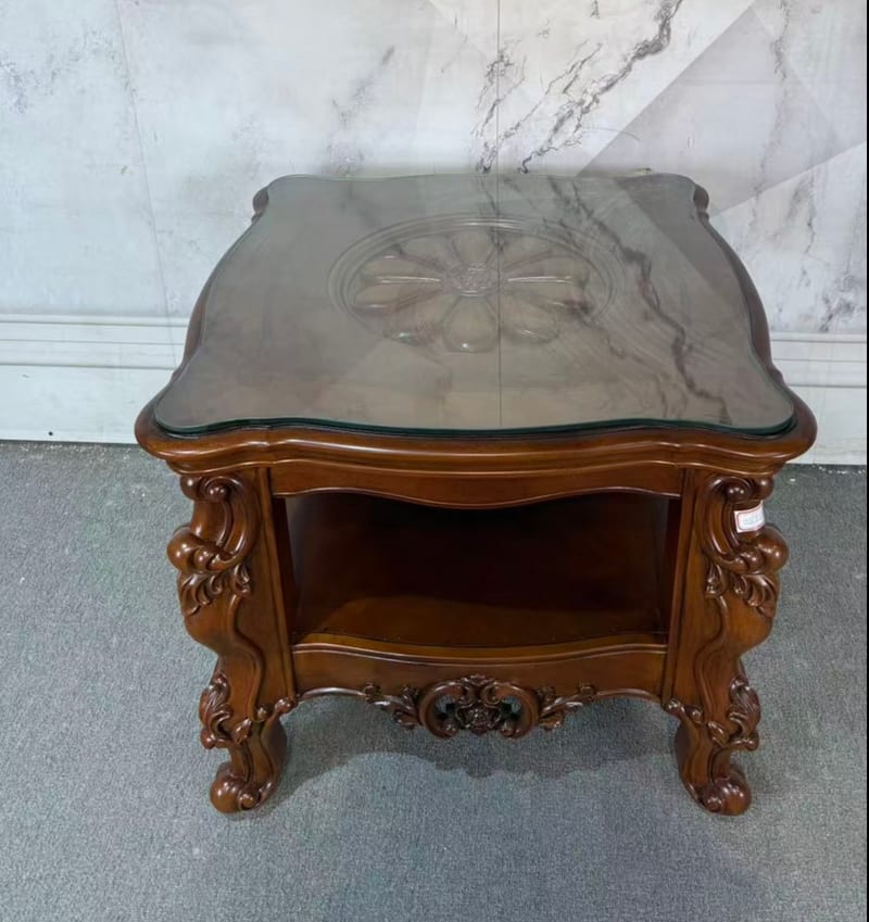 FJ437 American Square Side Table, Solid Wood Frame with Glass Top