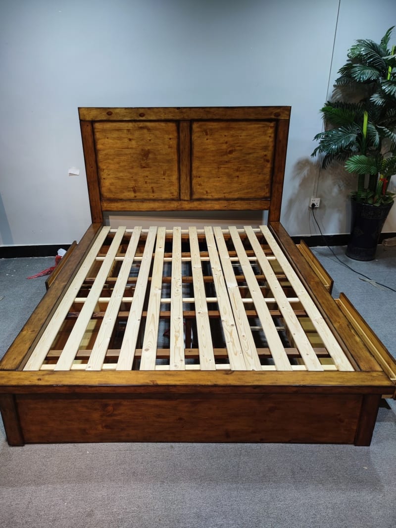 FC Pine Distressed Storage Bed with Two Drawers, Queen