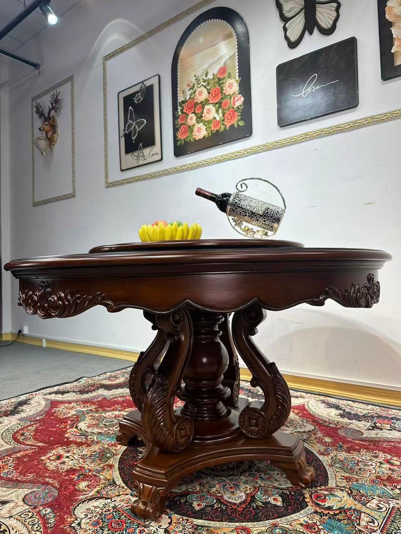 美式桃花芯實木做舊圓餐桌 YCZ406 帶轉盤