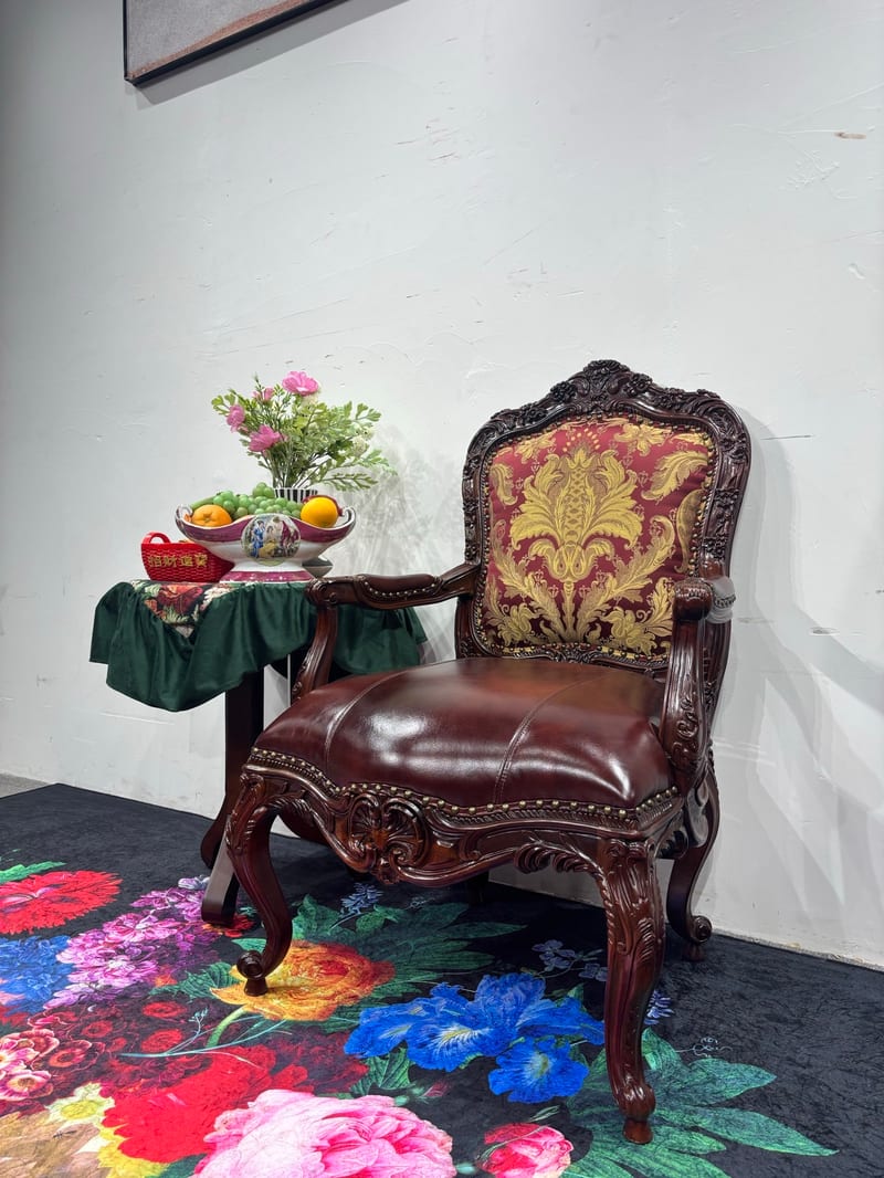 XXY671 Teak Carved Leather & Fabric Accent Chair