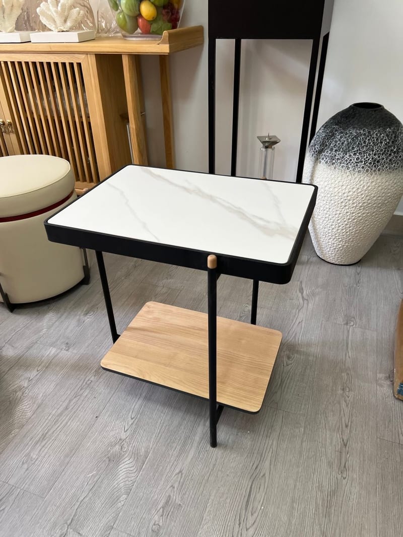 Renhao FJ-66201 Ash Wood Square Side Table with Sintered Stone Top