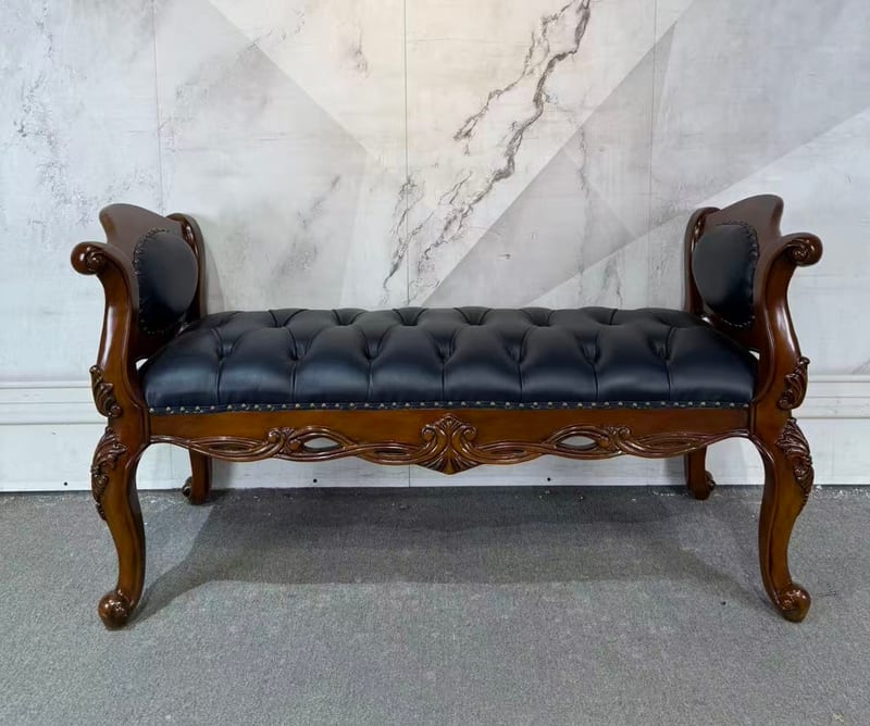 CWD436 Mahogany Carved Leather Bed Bench
