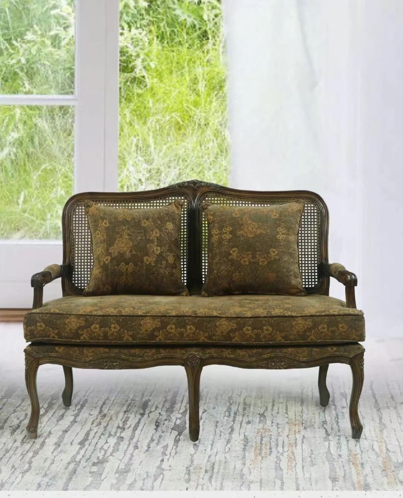 Louis XIV Carved Birch Rattan-Back Loveseat