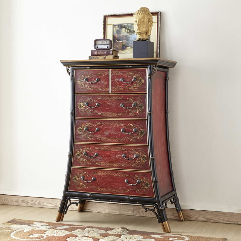 Hand-Painted Six-Drawer Bamboo-Joint Cabinet, Solid Rubberwood