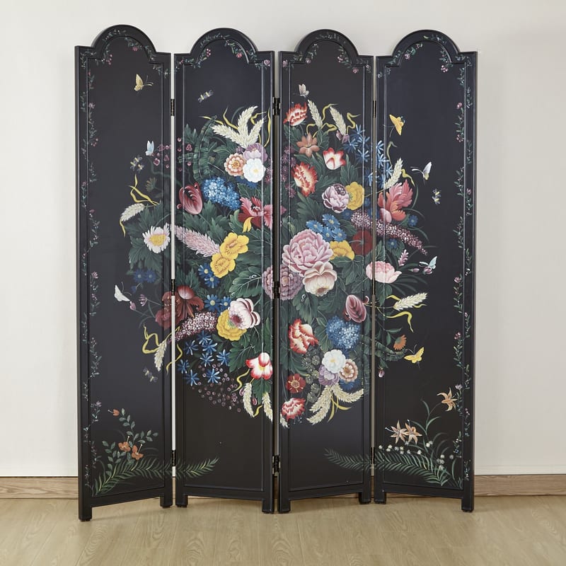 Hand-Painted Garden Arched Screen, Solid Wood, 4-Panel Set