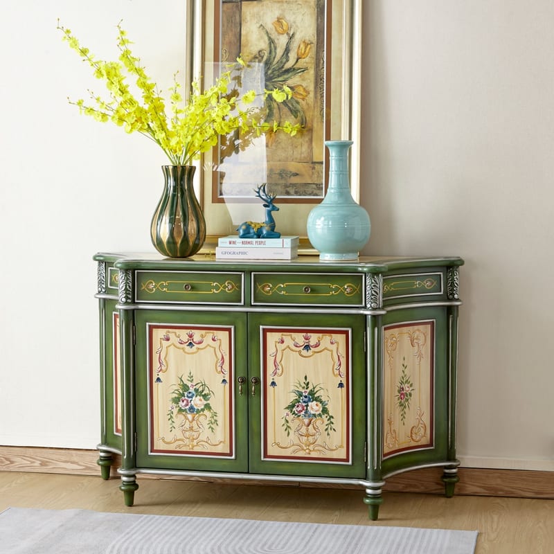 Cailin American Retro Green Rubberwood Sideboard with 2 Doors and 2 Drawers