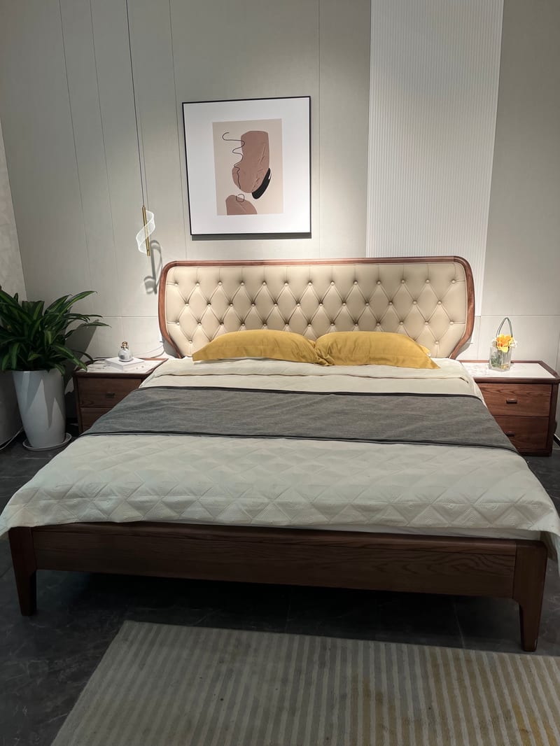 Meiwangjia Ash Wood Leather Bed, Queen