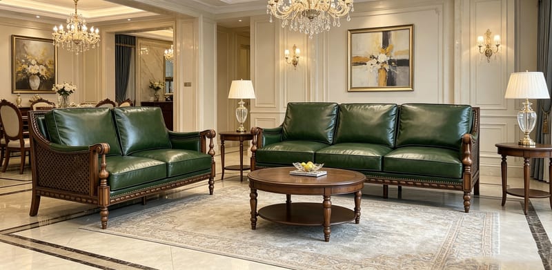 American Country Solid Birch Leather Sofa Set, 3+2+1
