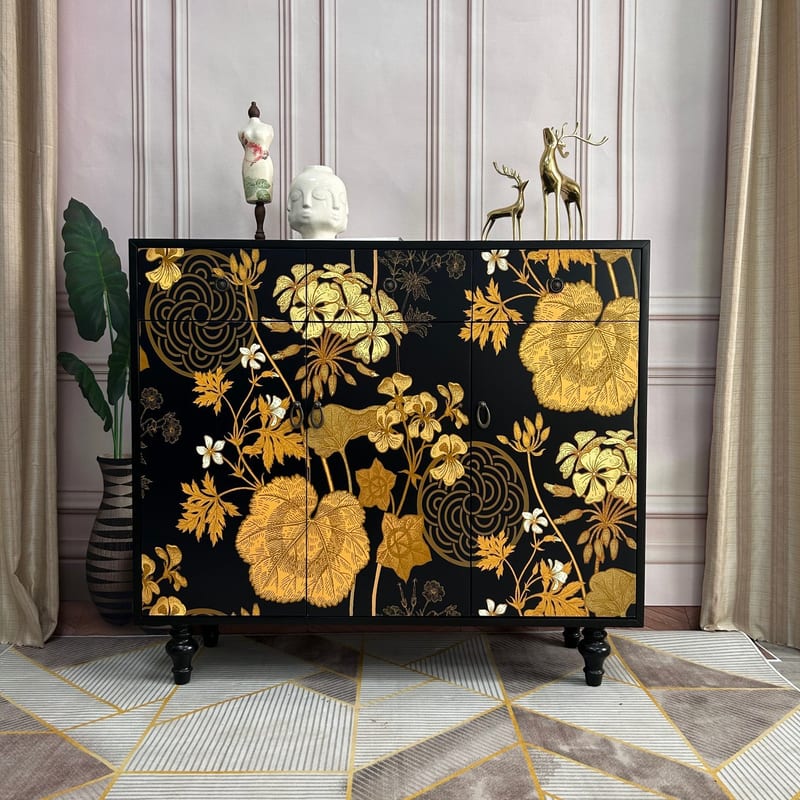 Mid-Century Floral Painted Entryway Shoe Cabinet