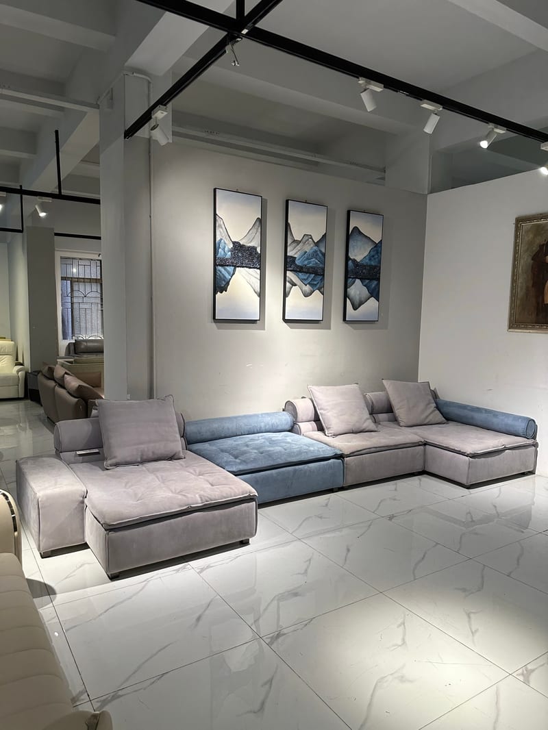 Bosen Jizhi Beini Blue Leather Sectional Sofa with Chaise