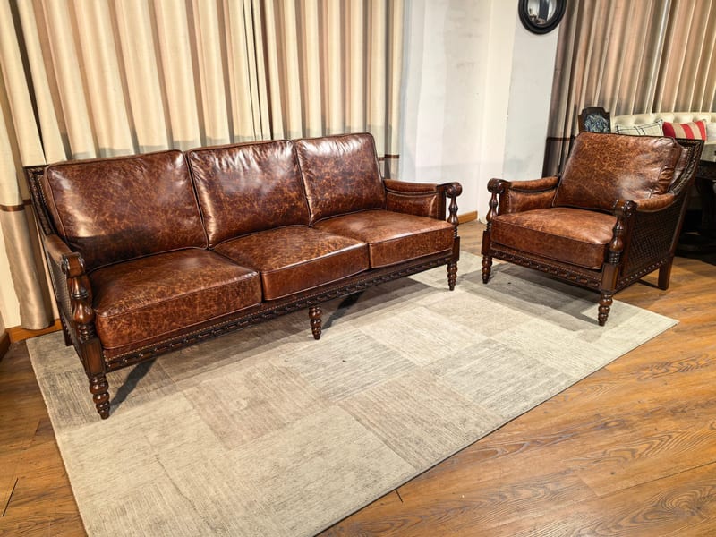 American Solid Walnut & Oiled Leather 1-2-3 Sofa Set