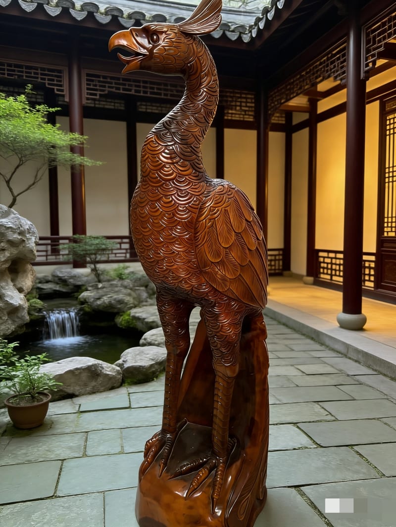 柚木实木雕刻大鹏鸟摆件 红棕色