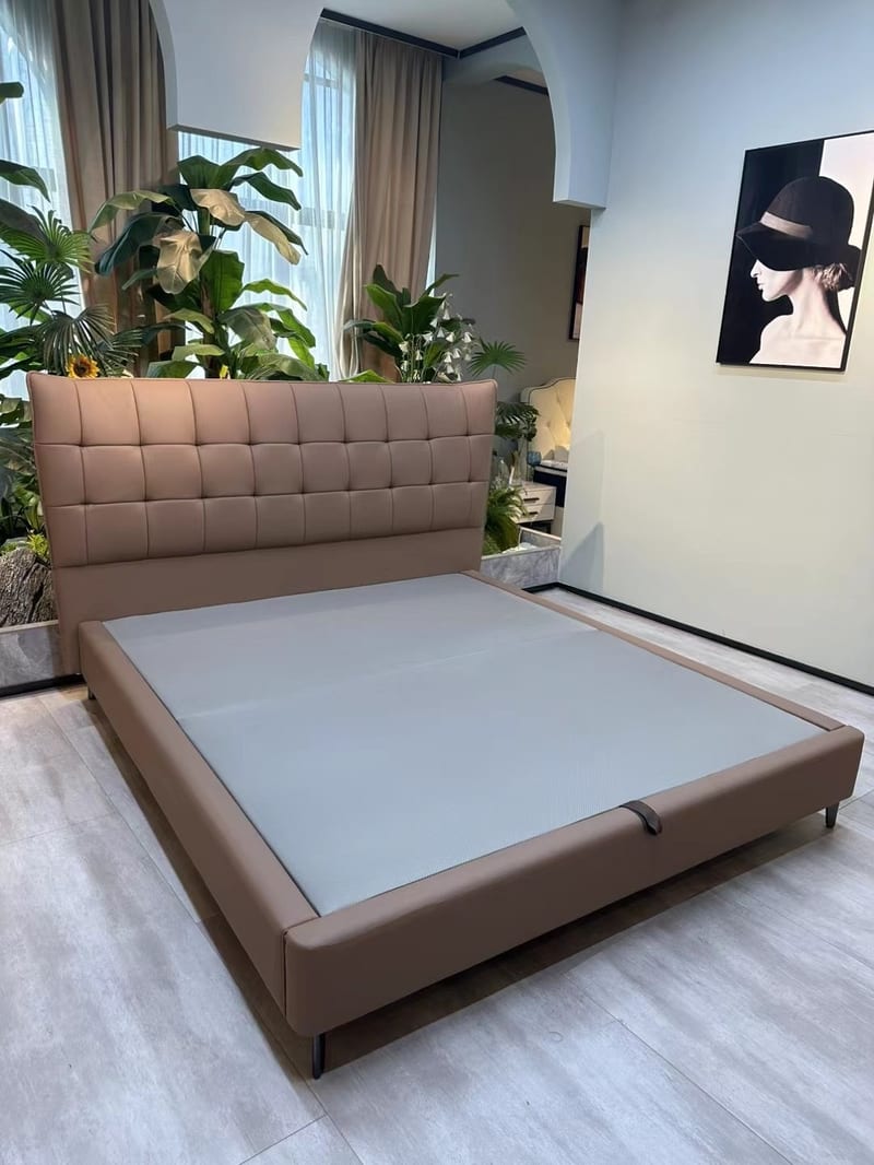 Helera Italian Leather Upholstered Bed, Queen, Brown