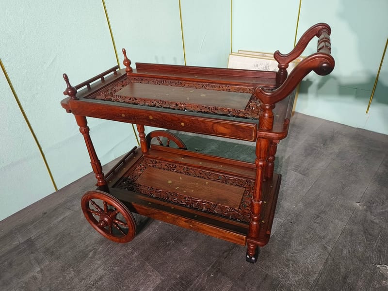 Solid Rosewood Serving Cart with Hand-Carved Brass Inlay