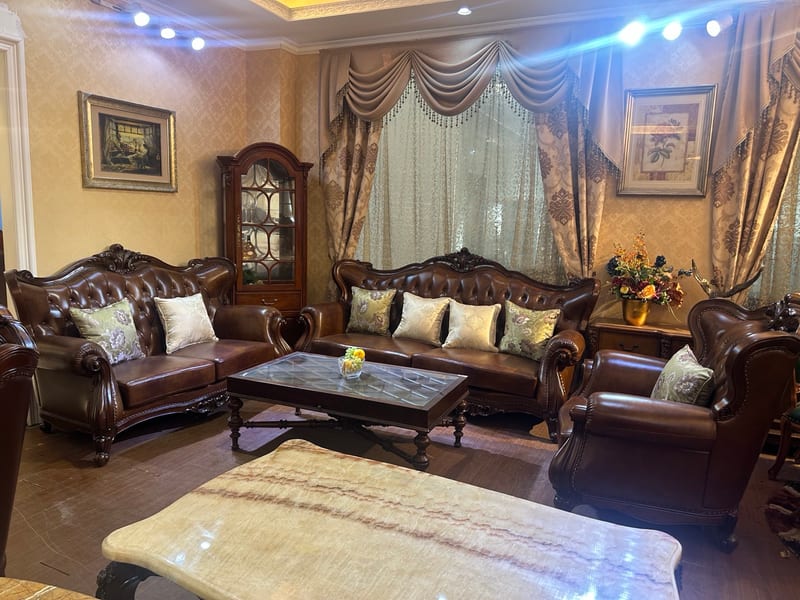 深圳高端品牌美式家具 深棕头层牛皮实木组合沙发