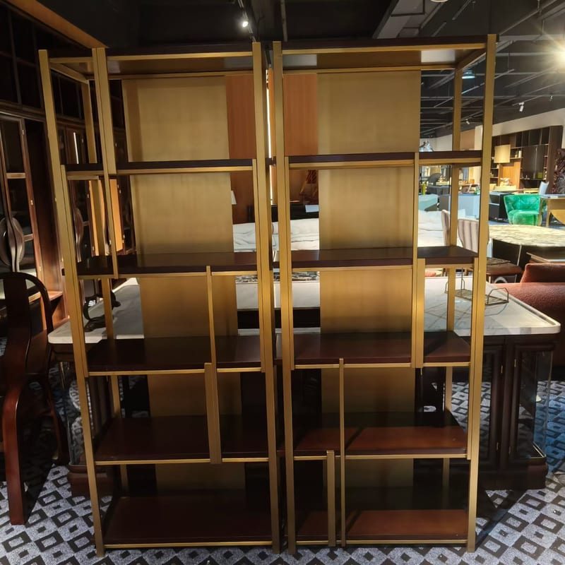 現代金色不鏽鋼實木書架置物架