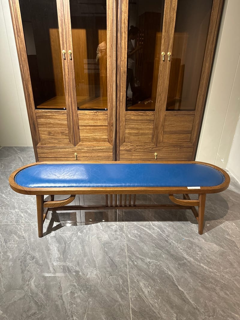 Muzhen M801 New Chinese Oak Bed Bench with Faux Leather Seat