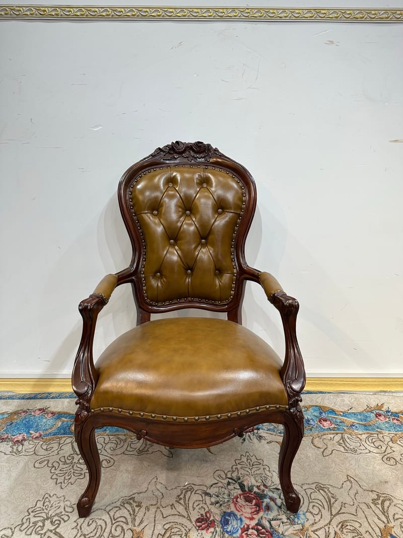 XXY340 Teak & Leather French High-Back Lounge Chair