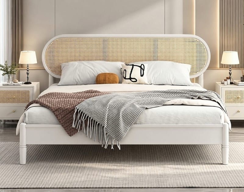 Mid-Century 508 Kids Bed, White 1.2m, Rubberwood & Rattan