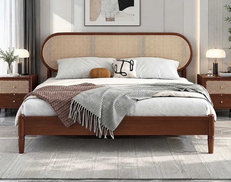 Mid-Century 508 Cherry Solid Rubberwood Kids Bed with Rattan Headboard