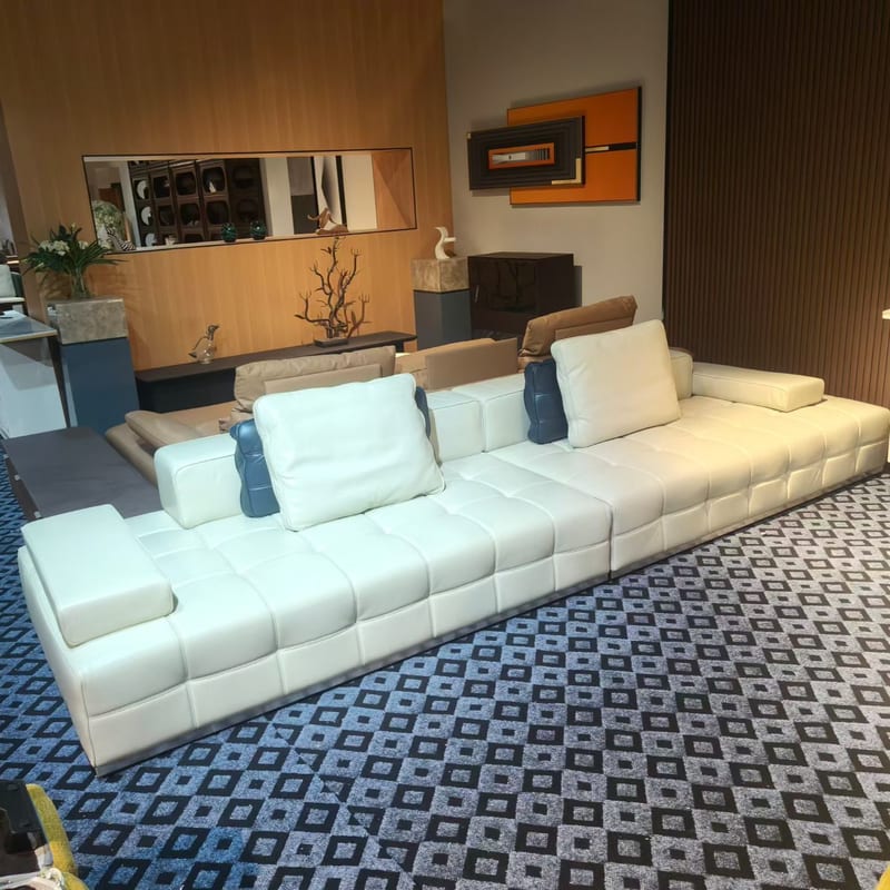 Modern Minimalist Leather Straight Sofa in Off-White
