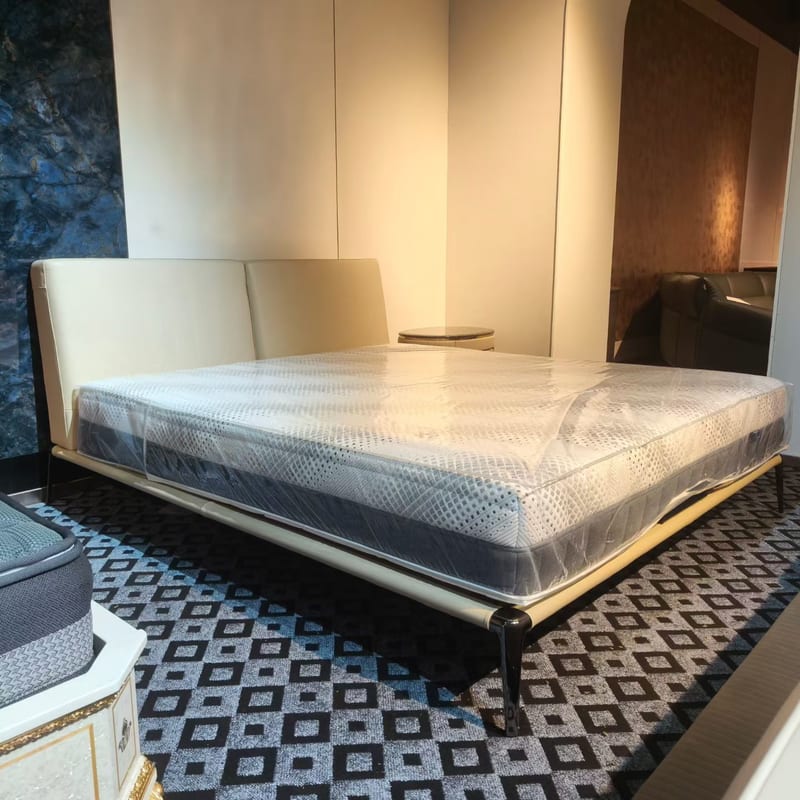 Italian Minimalist Leather Bed and Nightstand Set