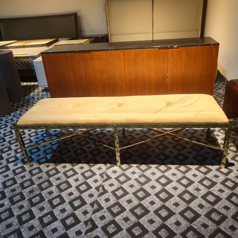 Gold Velvet Bench with Mirror-Finish Stainless Steel Frame