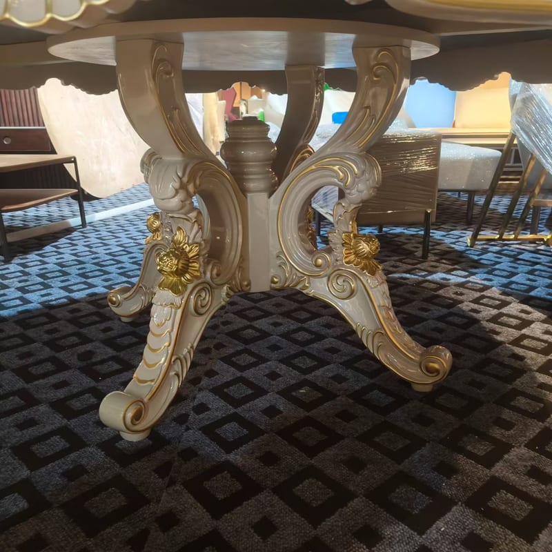 Baojule Carved Beech Round Dining Table with Stone Top