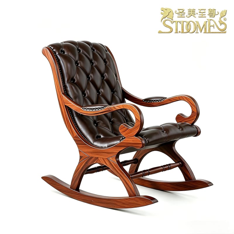 STDOME Solid Wood & Top-Grain Leather Rocking Chair with Ottoman
