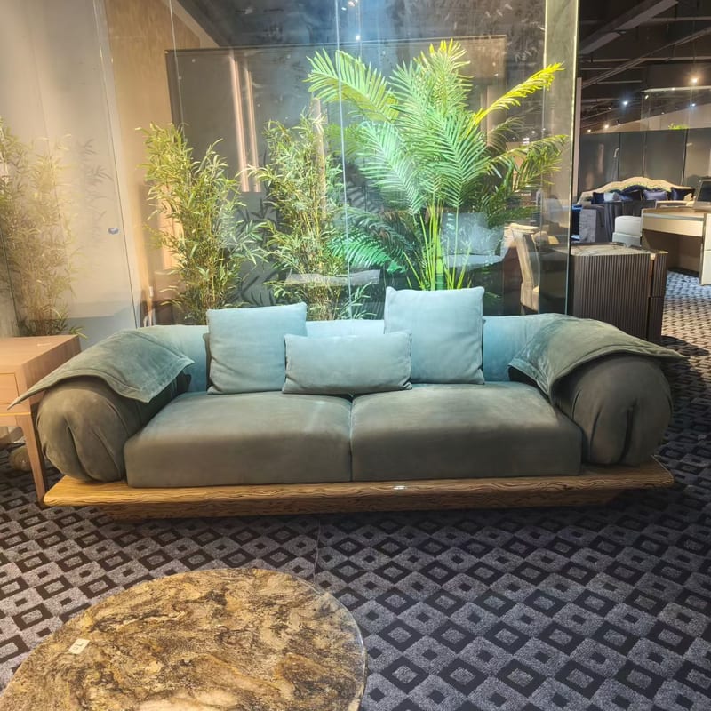 Imported Nubuck Leather Sofa with Slatted Wood Base