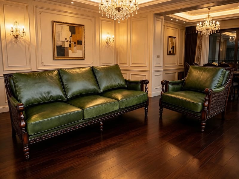 Simplified American Solid Walnut Leather Sofa 1+3 Set, Dark Green