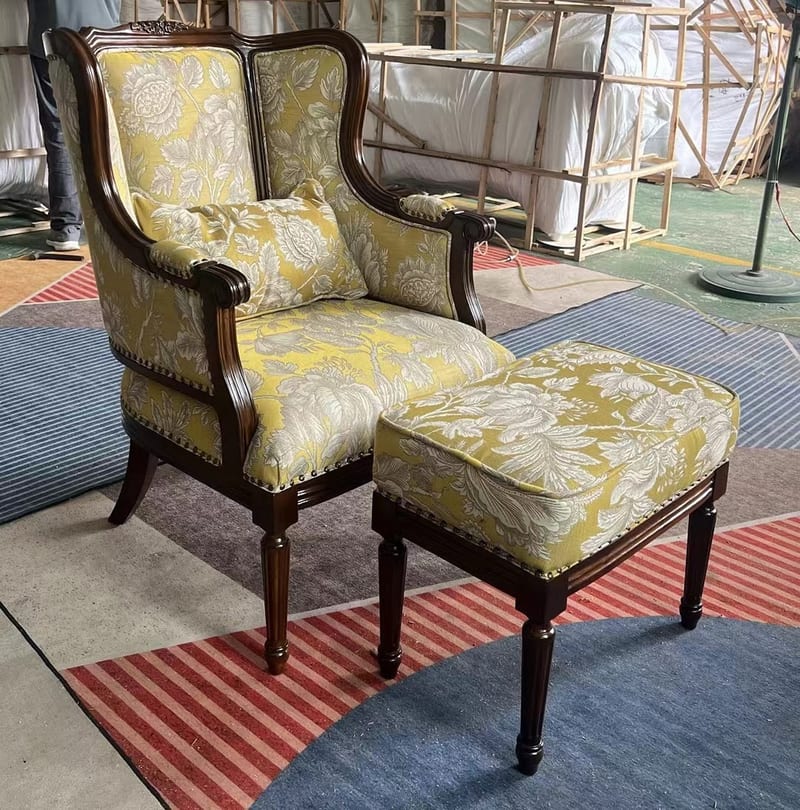 Carved Birch Wingback Chair and Ottoman Set
