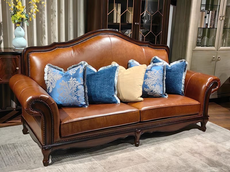 American-Style Leather 1+3 Sofa Set, Walnut Frame