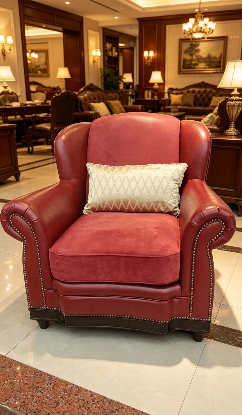 American Retro Wine-Red Wingback Accent Chair