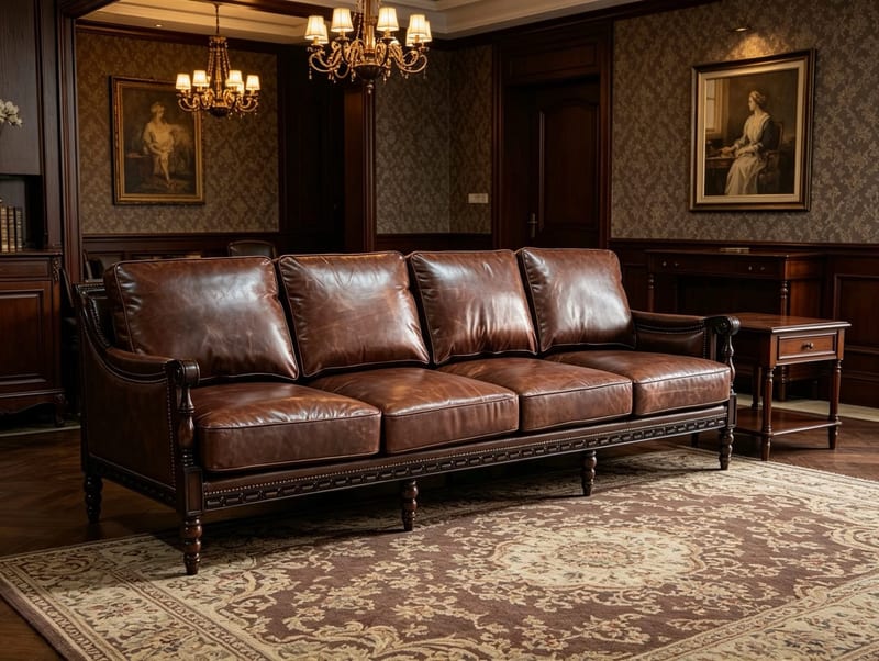 American Walnut & Leather Four-Seat Sofa