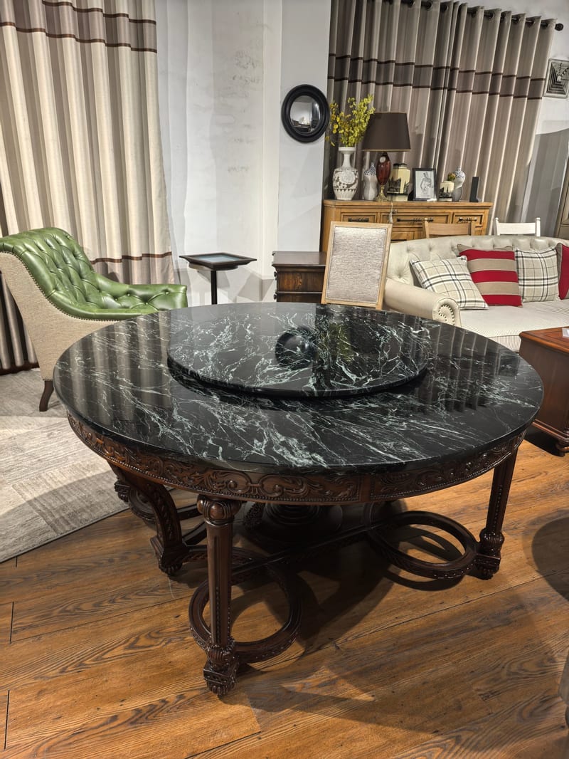 Kaimo 8026 Solid Mahogany Round Dining Table, Emerald Stone Top