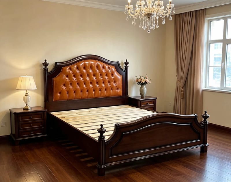 C-913 Solid Mahogany & Leather Bed, Simplified American