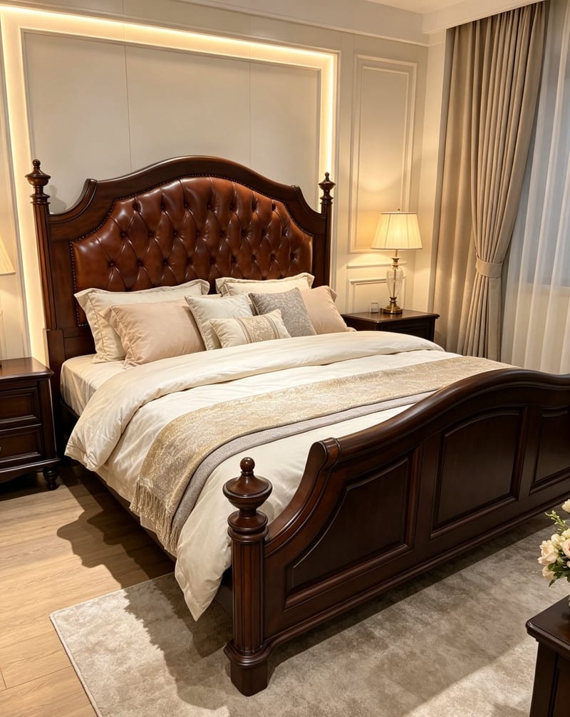 C-913 Solid Mahogany & Leather Bed, King, Brown