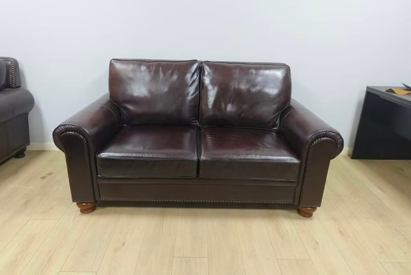 Top-Grain Leather American Two-Seater Sofa with Solid Wood Frame
