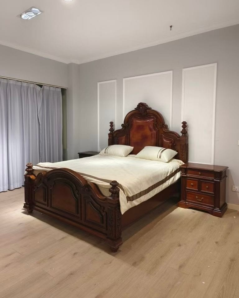 American Classic Solid Wood Carved King Bed with Leather Upholstery