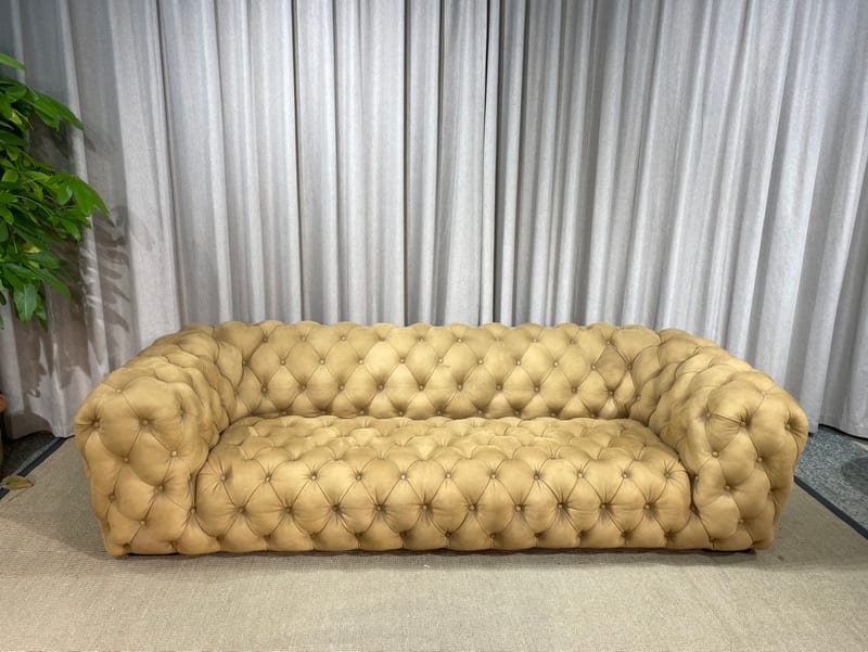 Vintage Beige Velvet 4-Seater Sofa with 2 Accent Chairs