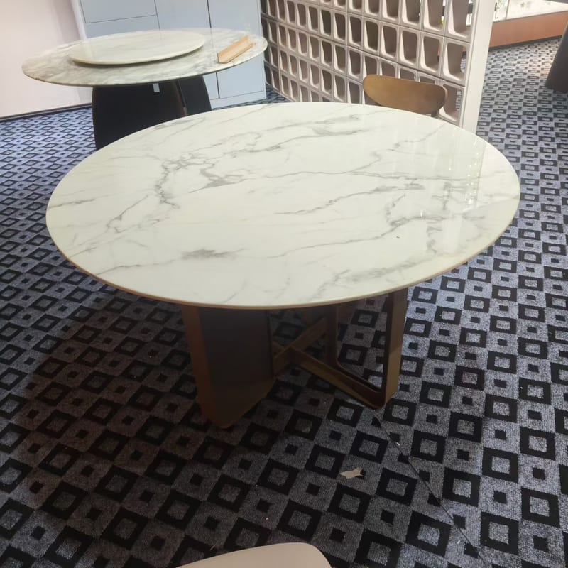 Modern Round Marble Dining Table with Steel Pedestal Base